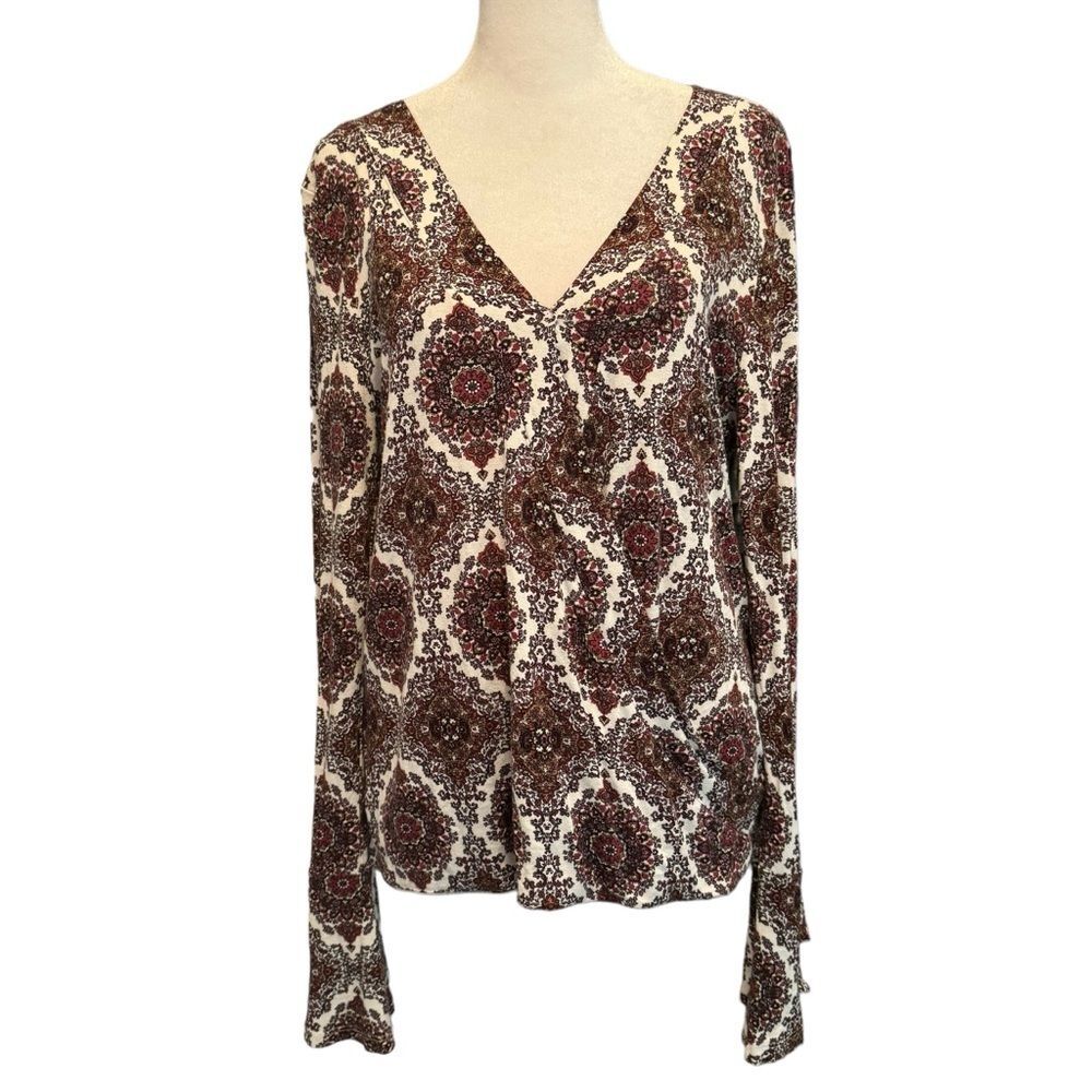 Pink Rose V-neck Top Size M Long Sleeve Floral V-Neck Blouse w/ Tie Cuffs​